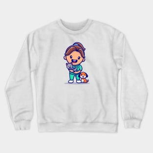 Cute Girl With Cat And Dog Cartoon Crewneck Sweatshirt